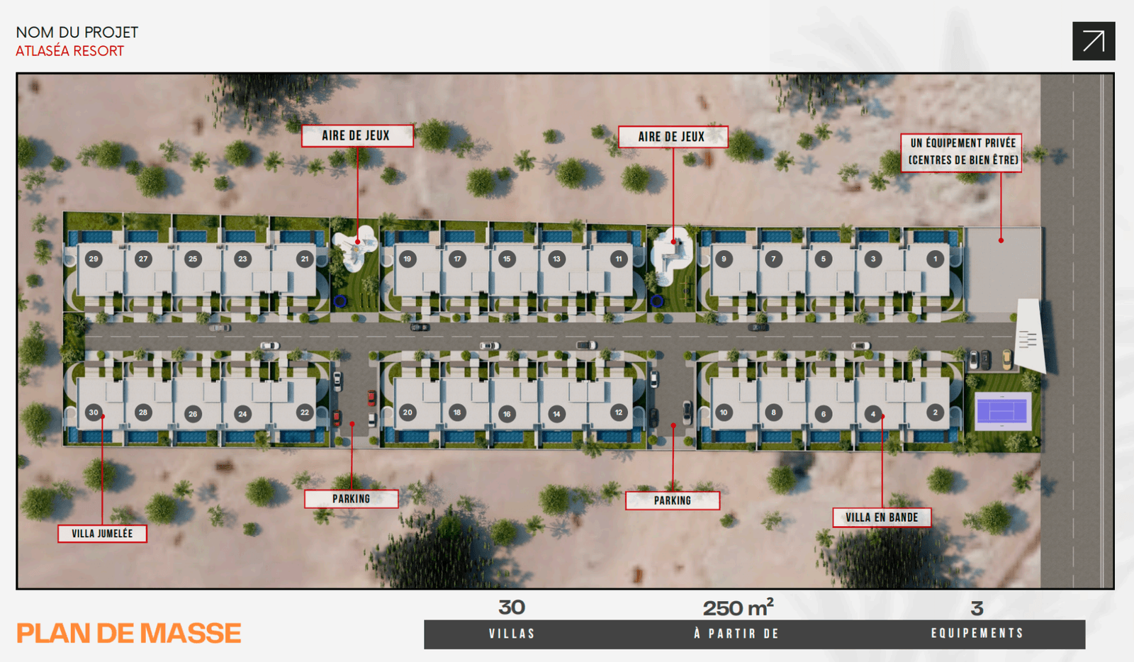 Plan de masse — 30 villas, parkings & équipements