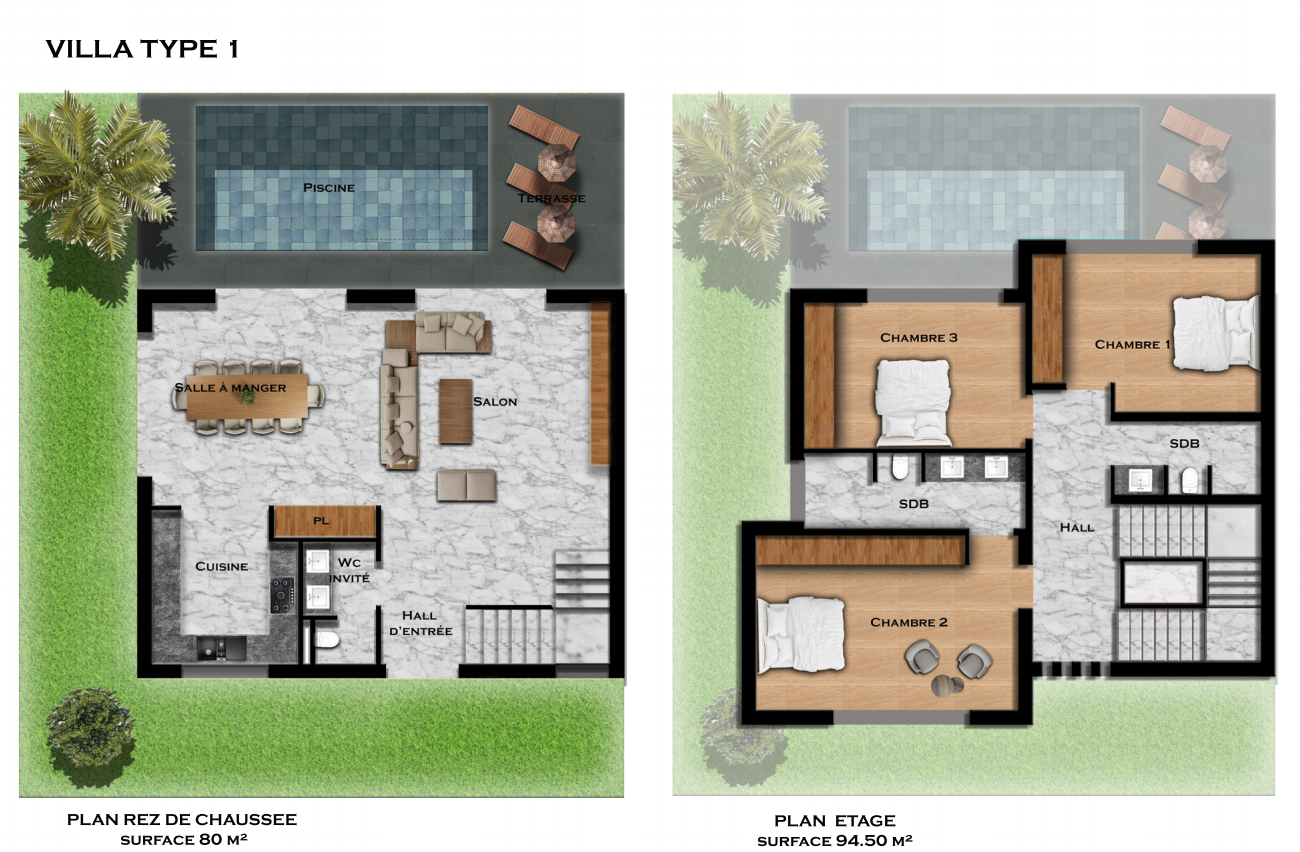 Villa type 1 — RDC 80 m² · Étage 94,5 m²
