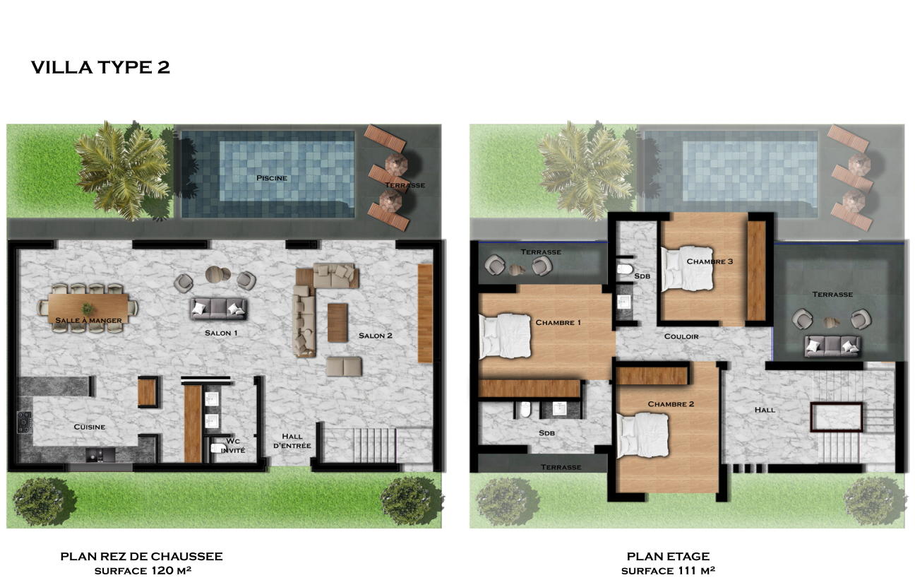 Villa type 2 — RDC 120 m² · Étage 111 m²